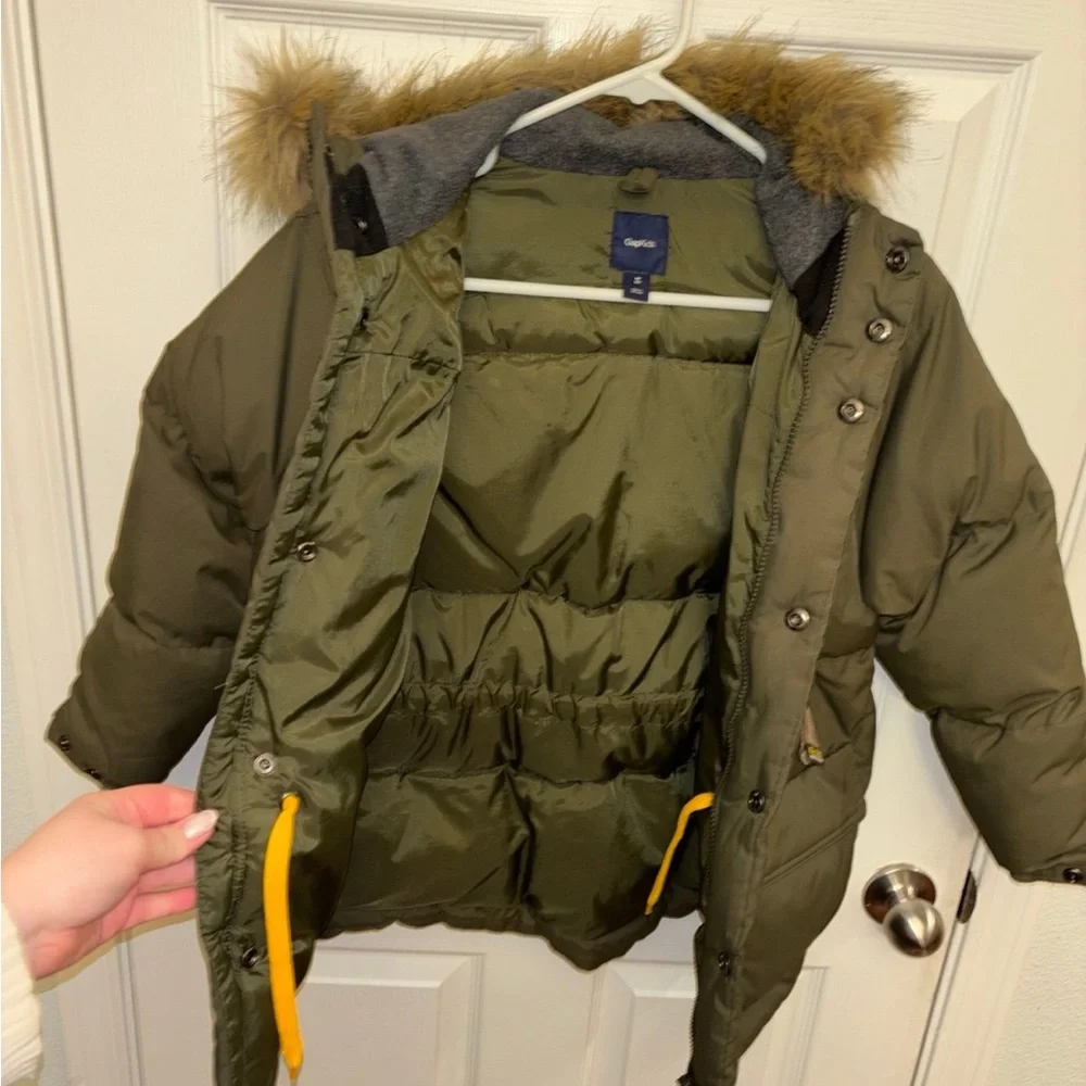 Olive Green Puffer Jacket with Faux Fur Hood